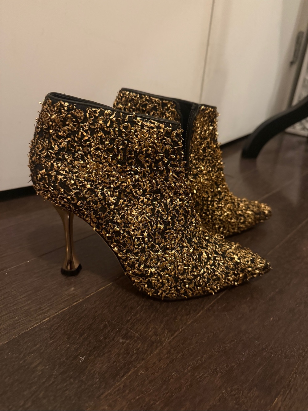 Manolo Blahnik Gold Textured Sequin Pointed Ankle Booties